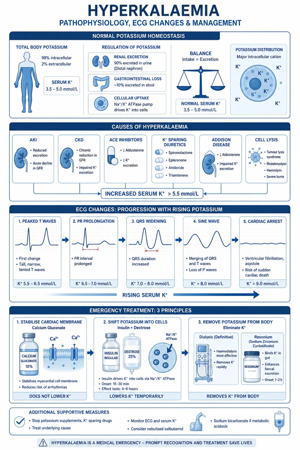 Educational schematic of hyperkalaemia cardiac effects: raised extracellular potassium, reduced resting membrane potential magnitude, peaked T waves, QRS widening, sine wave risk