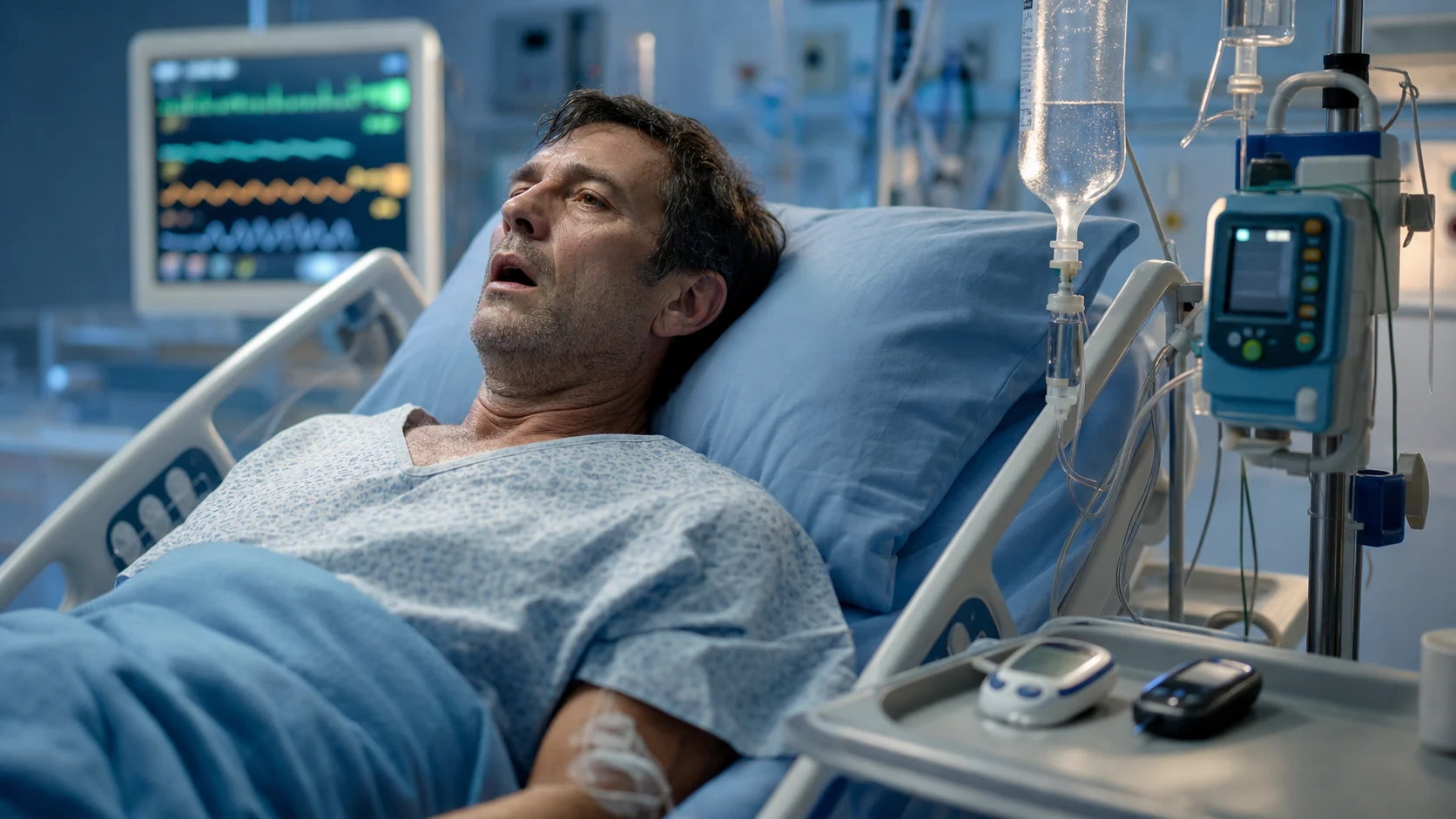 Cinematic ICU scene of a dehydrated elderly patient with a blood gas showing marked hyperglycaemia and high serum osmolality on the monitor, rapid saline resuscitation running, a low-dose insulin infusion drawn up, clinical-blue lighting, medical educational, no faces, no text