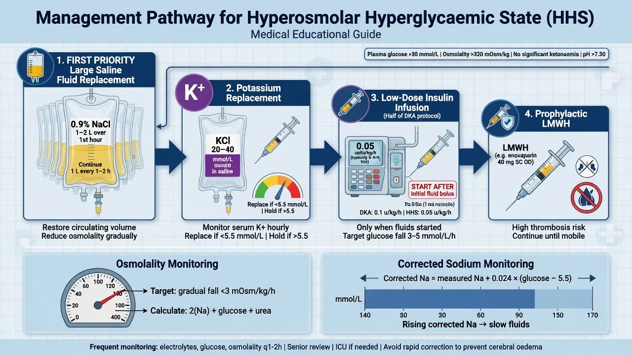 HHS management pathway: large saline fluid replacement first, potassium replacement, low-dose insulin half of DKA, prophylactic LMWH, osmolality and corrected sodium monitoring