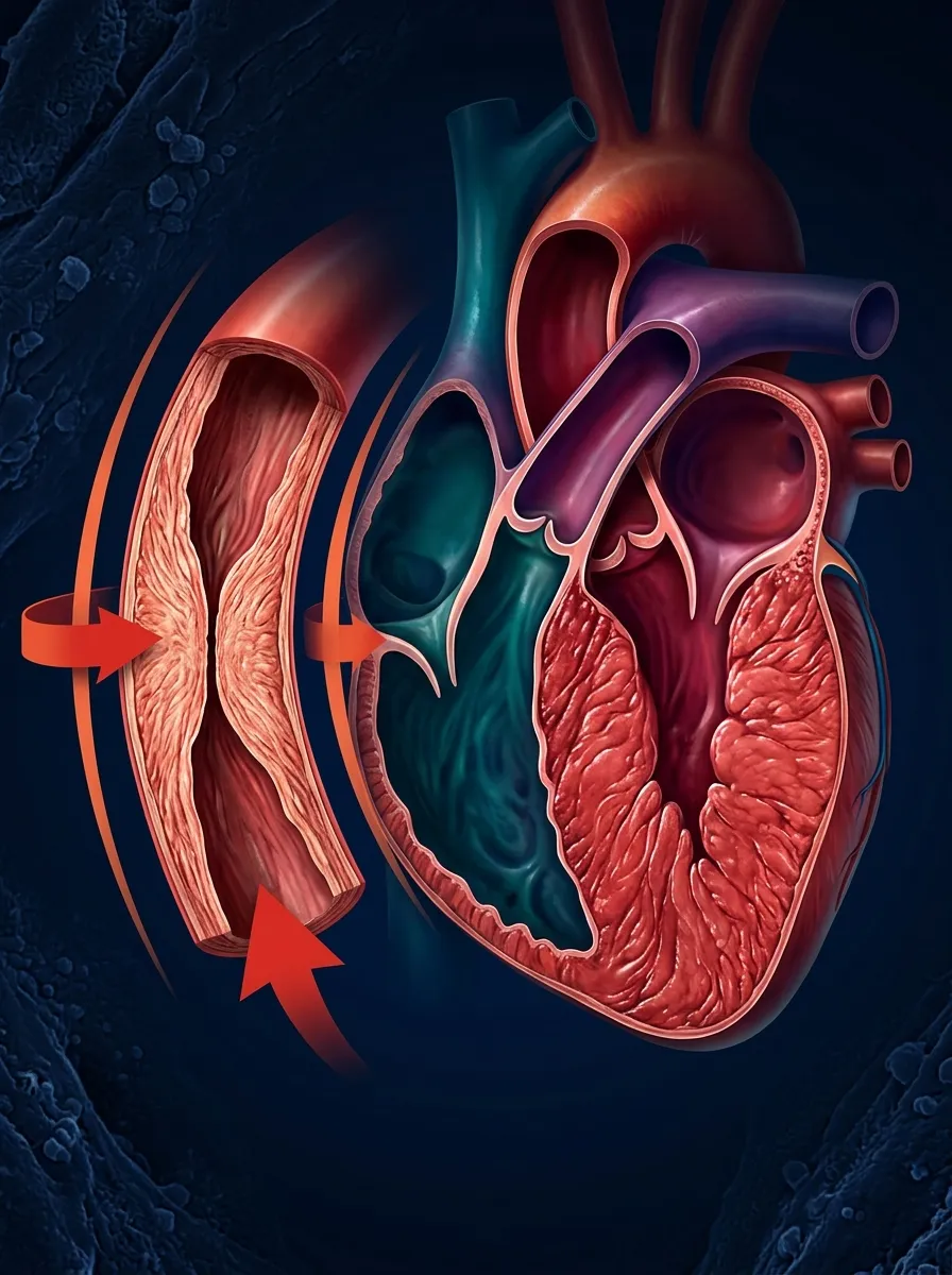 Three-panel infographic showing a normal healthy artery, an artery narrowed by atherosclerotic plaque under high blood pressure, and the consequences — heart, brain, kidneys and eyes with target-organ damage