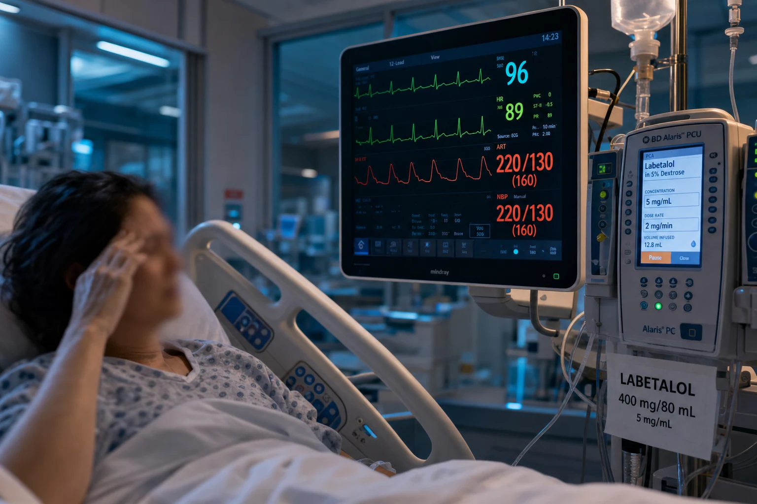 Cinematic ICU scene of a patient with a hypertensive emergency, a monitor showing BP 220/130, an IV labetalol infusion, an arterial line trace, the patient distressed with a headache, clinical-blue lighting