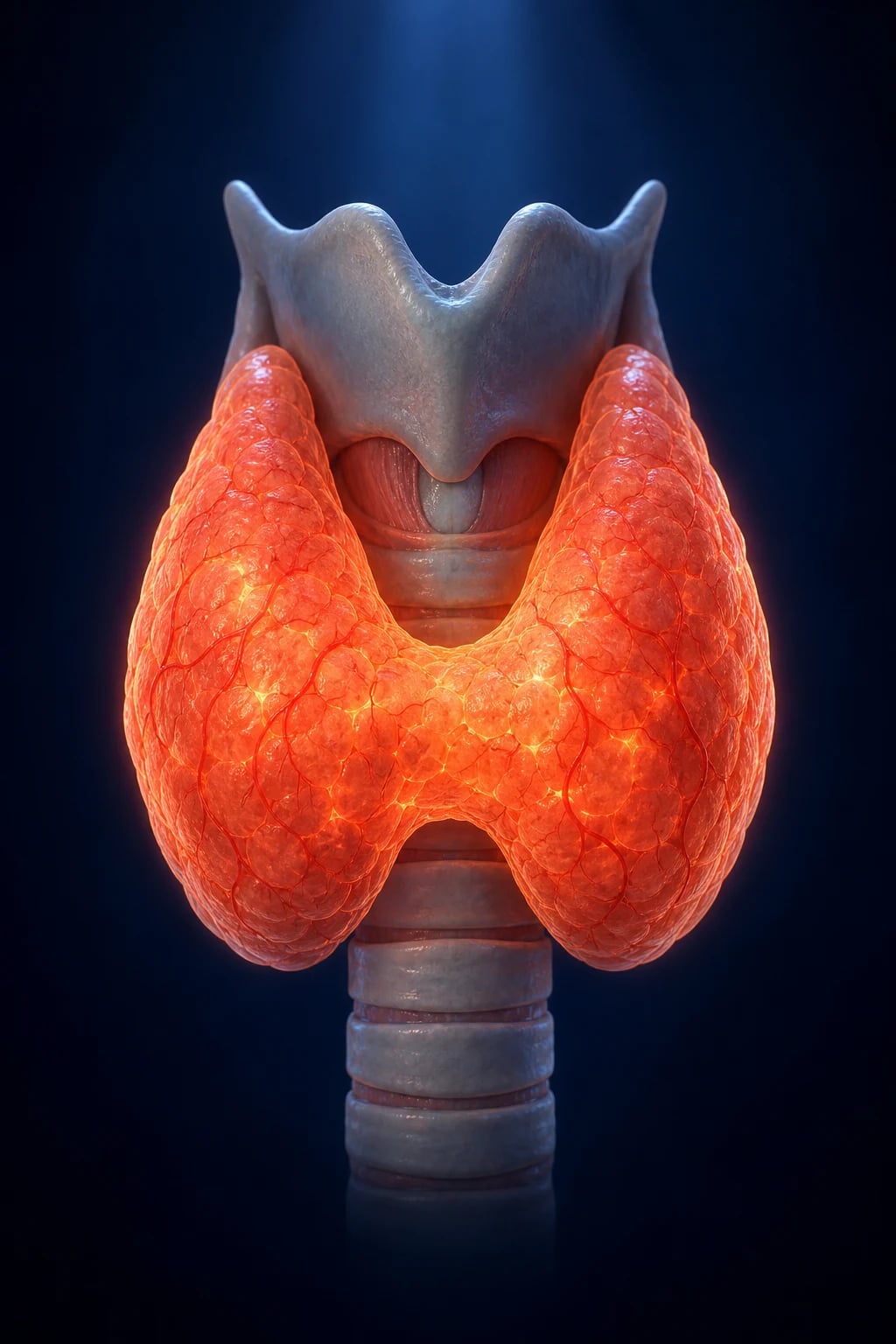 Clinical overview of thyrotoxicosis: the HPT axis with uncontrolled T3/T4 overproduction, a diffuse vascular goitre with a bruit, exophthalmos, and systemic features — heat intolerance, weight loss, fine tremor, palpitations
