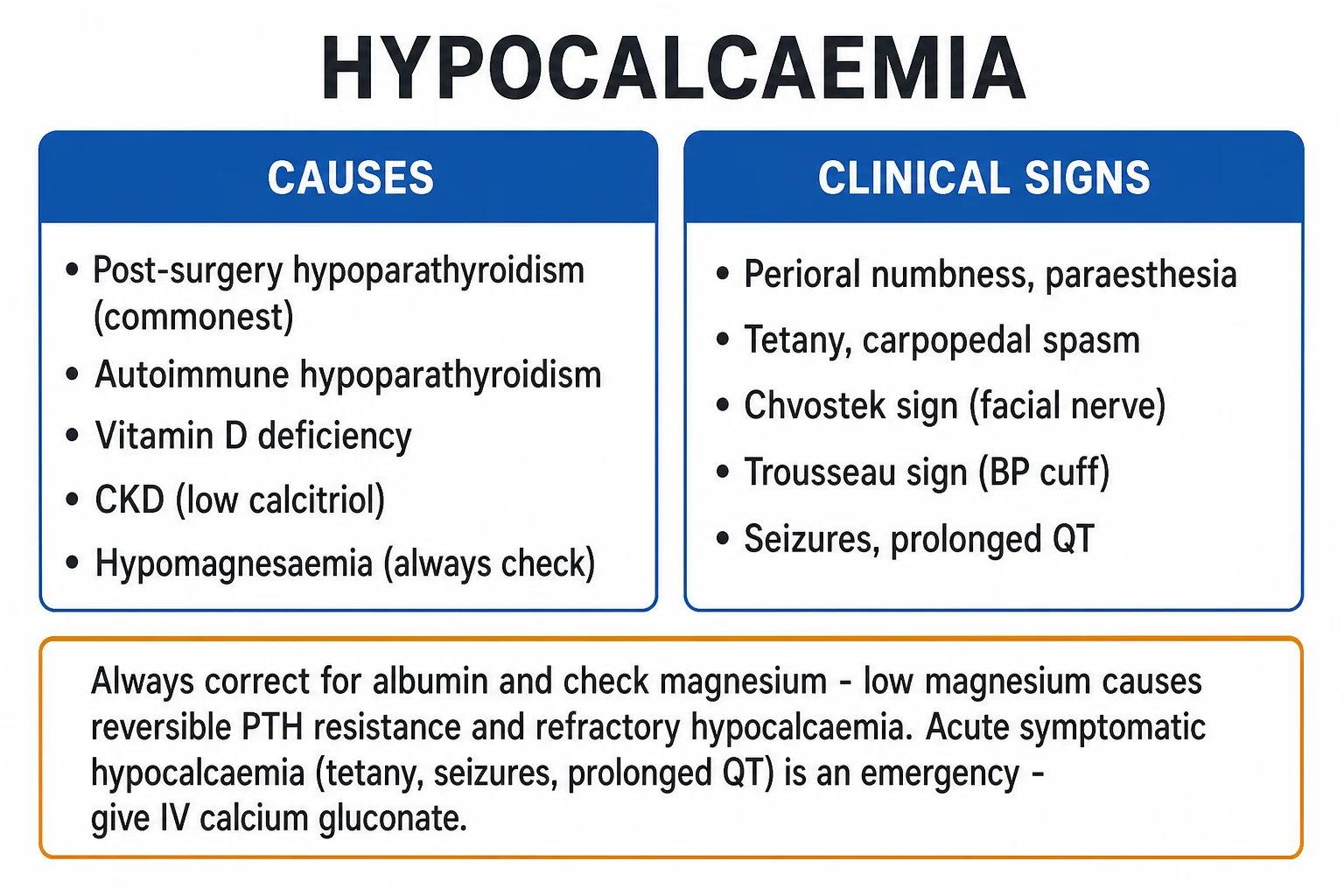 Two-column infographic classifying hypocalcaemia by PTH response, tempo and severity, with the corrected calcium formula and the magnesium trap highlighted