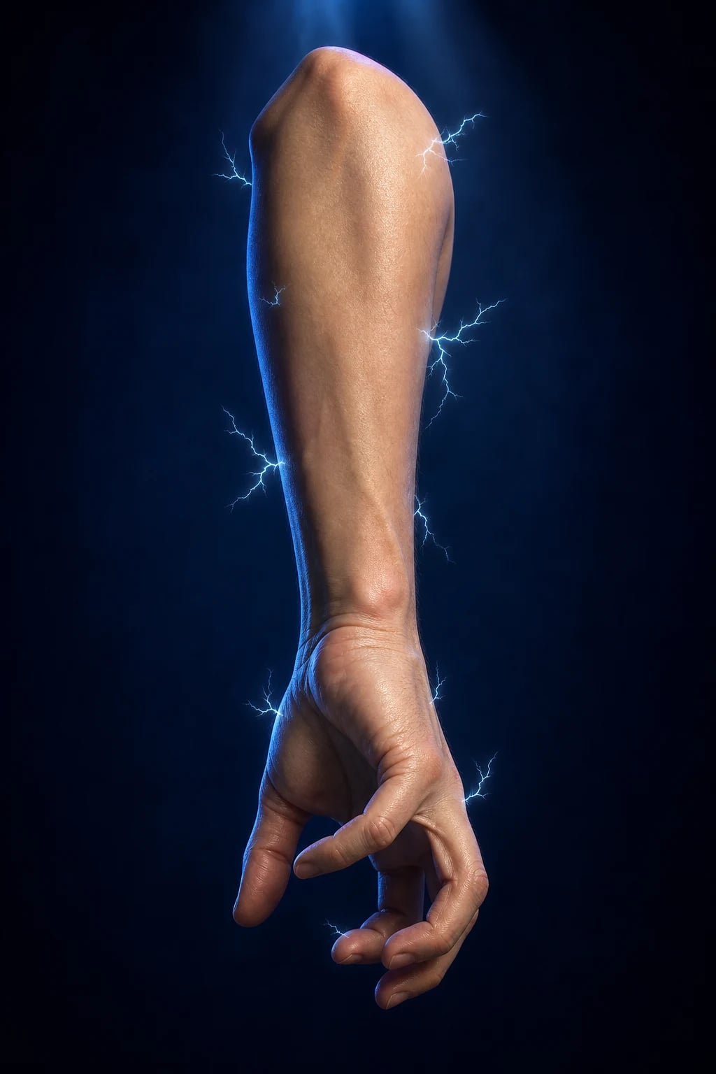 Cinematic 3D anatomical illustration of a hand in carpopedal spasm (main d'accoucheur posture) with nerve-discharge sparks, against a deep navy background