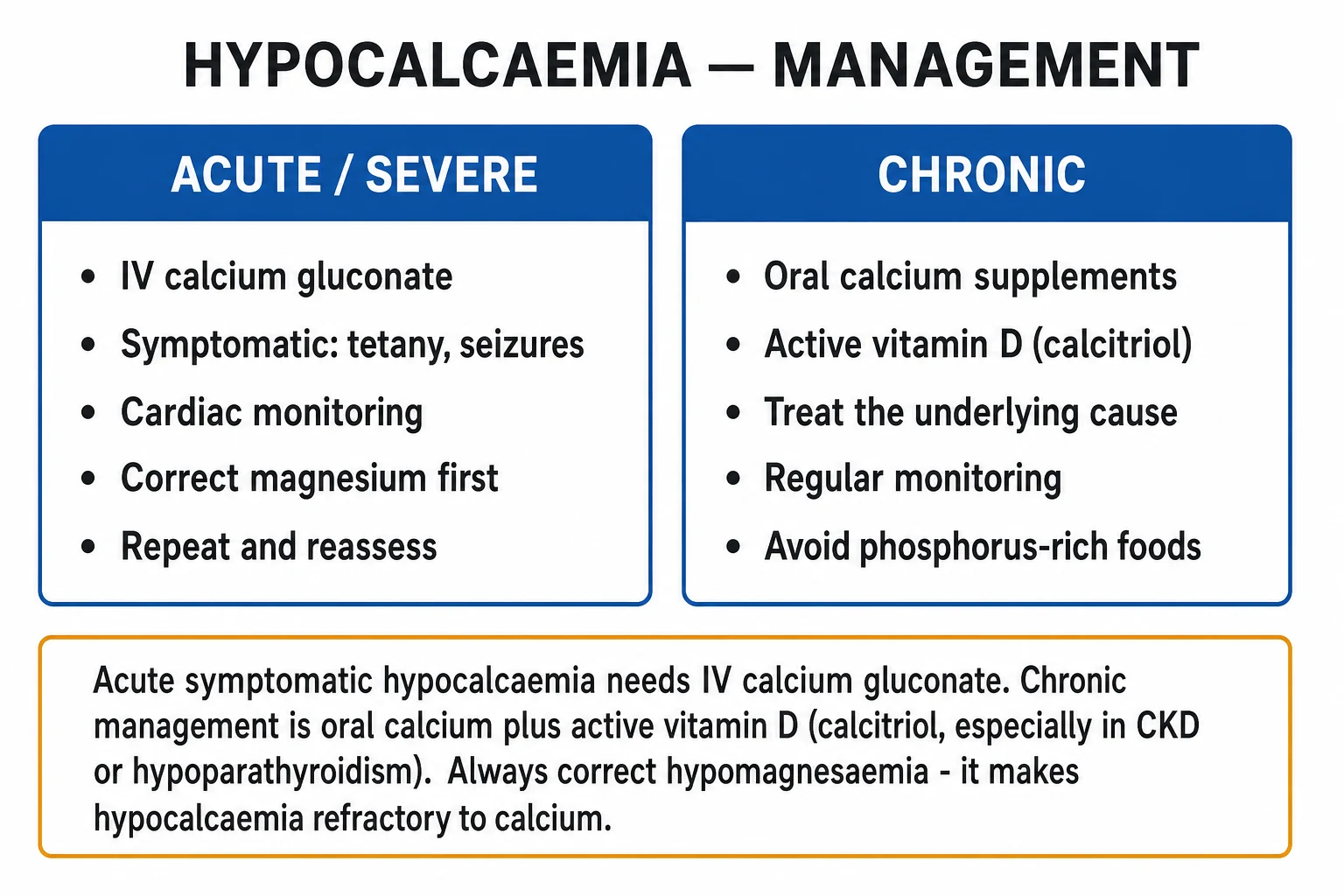 Two-column management infographic contrasting acute severe symptomatic hypocalcaemia (IV calcium gluconate, magnesium correction, ECG) with chronic hypoparathyroidism (oral calcium, calcitriol, low-normal target, PTH analogue)
