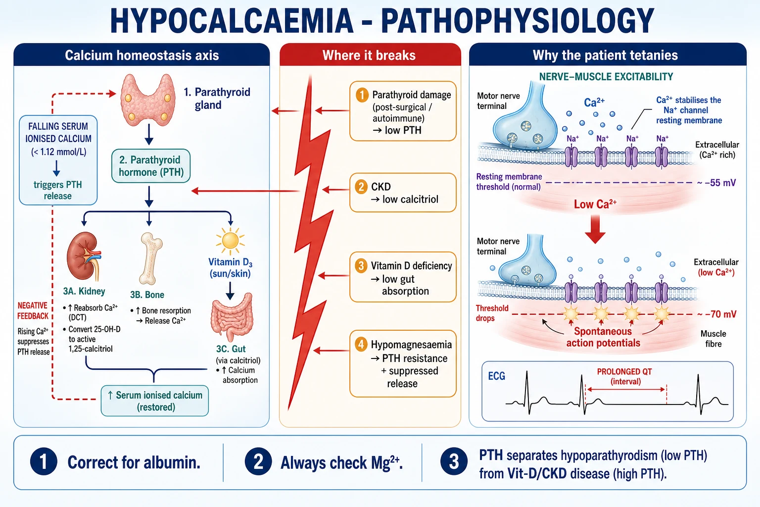 Two-panel pathophysiology infographic: the PTH-calcium-vitamin D homeostasis axis with the four points of failure, and the membrane-stabiliser concept explaining why low calcium causes tetany and a prolonged QT