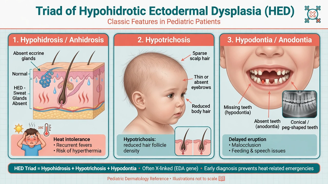 Triad of hypohidrosis hypotrichosis and hypodontia in HED