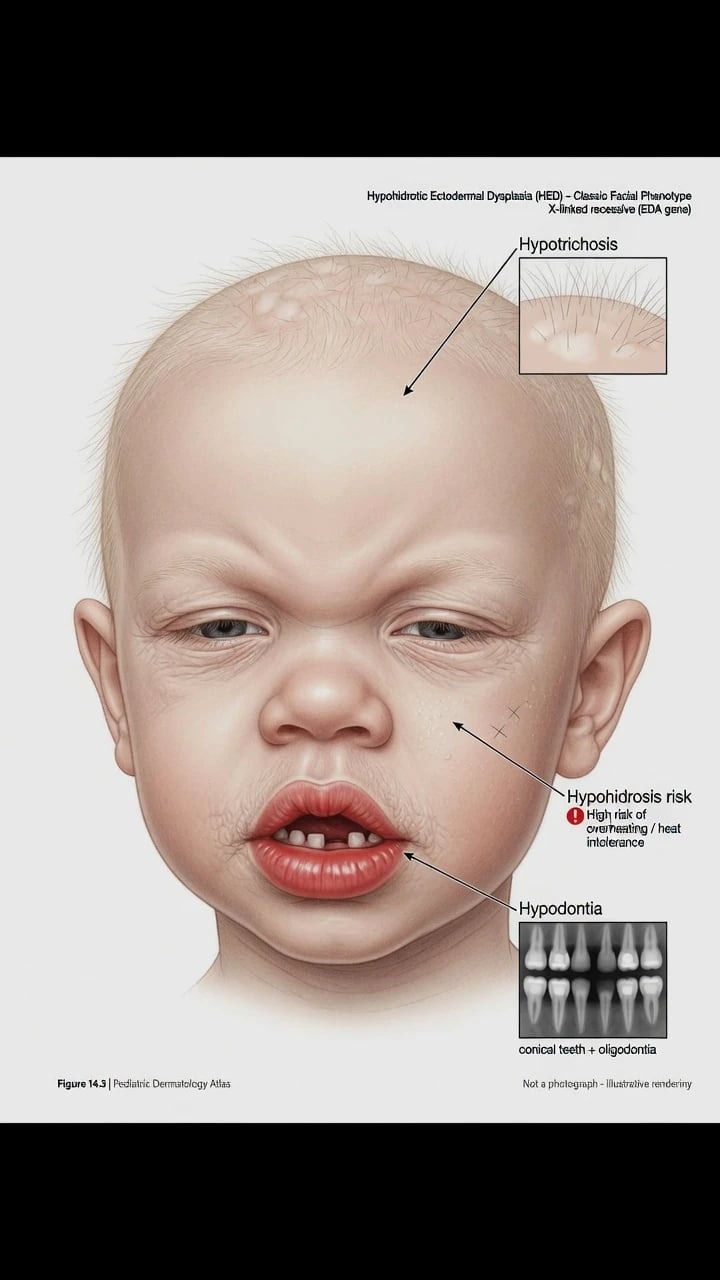 Classic facial phenotype of hypohidrotic ectodermal dysplasia with hypotrichosis and hypodontia