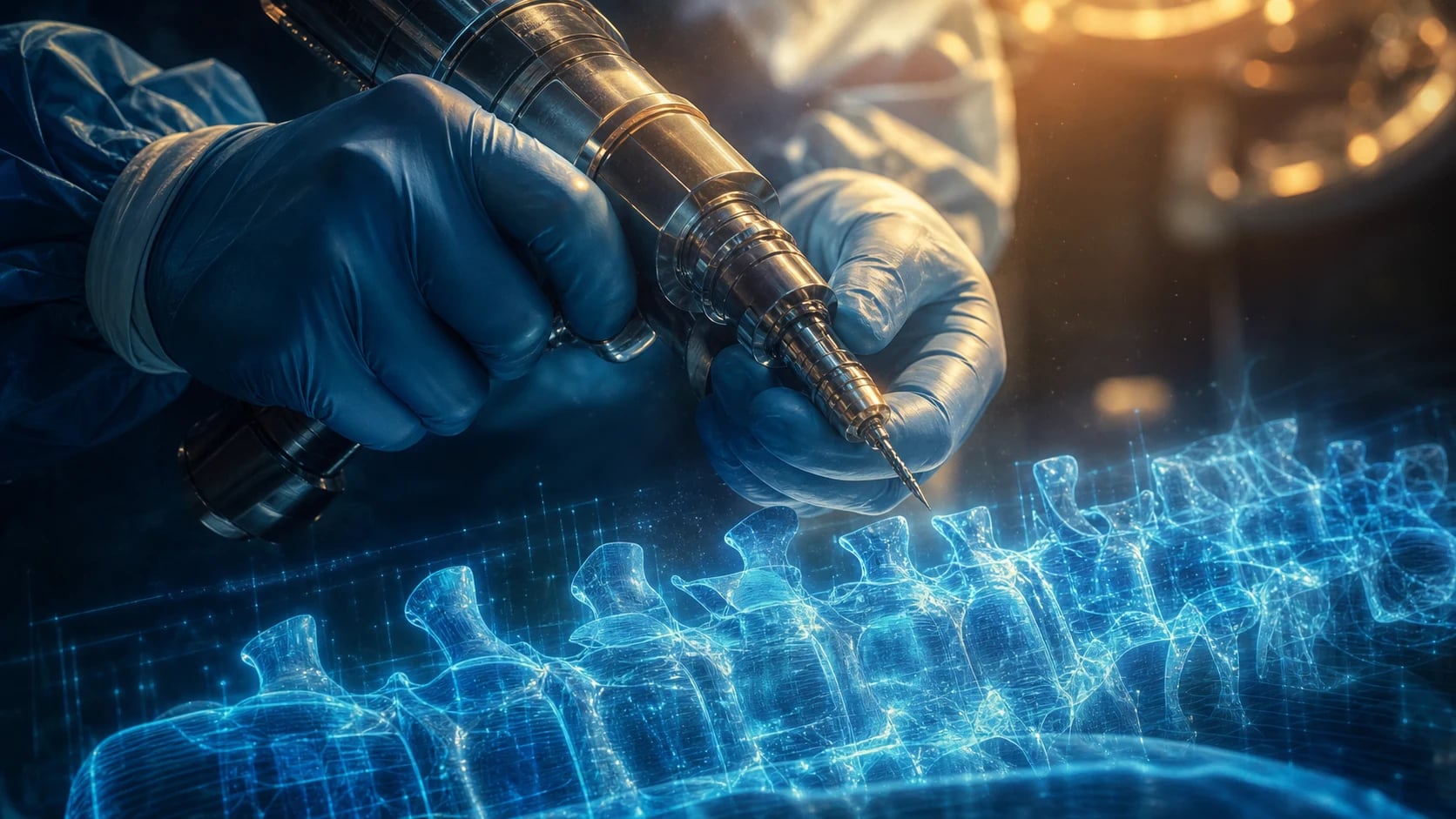 Cinematic 3D render of a neuron and brain above a kidney tubule controlling water, with a hypertonic saline ampoule and a measuring cylinder showing 3 percent, on a deep blue background