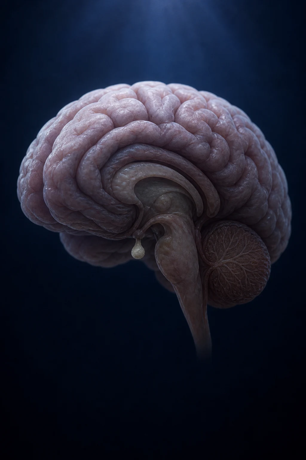 Cinematic 3D anatomical illustration of a small, withered pituitary gland in the sella turcica, against a deep navy background