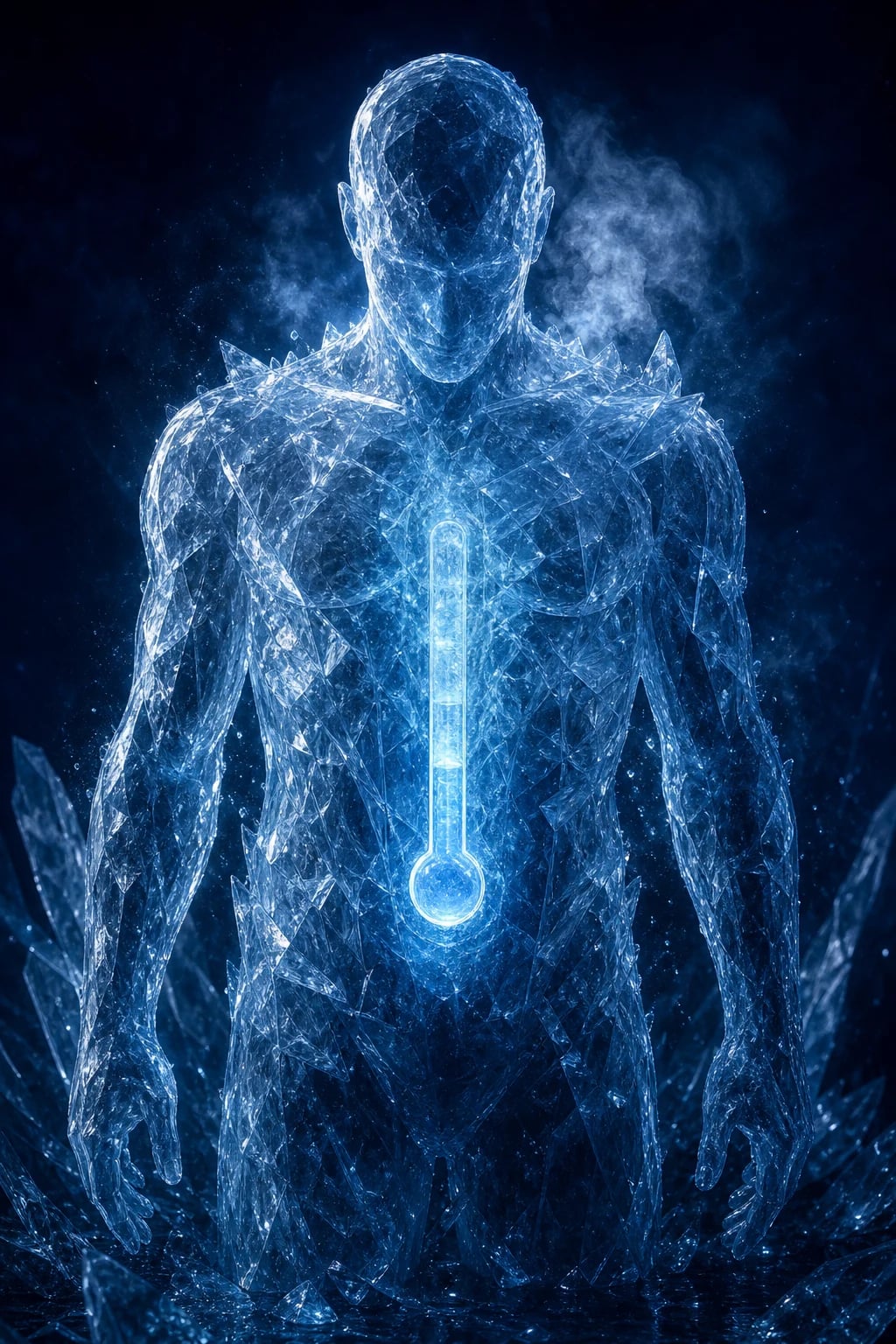 Cinematic 3D abstract illustration of a human silhouette encased in frost and ice with a falling internal temperature gauge, against a deep navy background