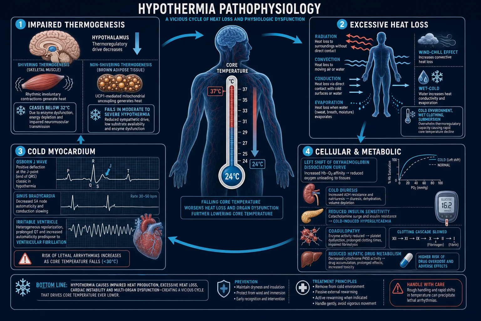 Medical pathophysiology infographic: hypothalamic set-point, shivering ceasing below 32C, Osborn J wave on ECG, left-shifted oxygen-dissociation curve, cold diuresis, coagulopathy