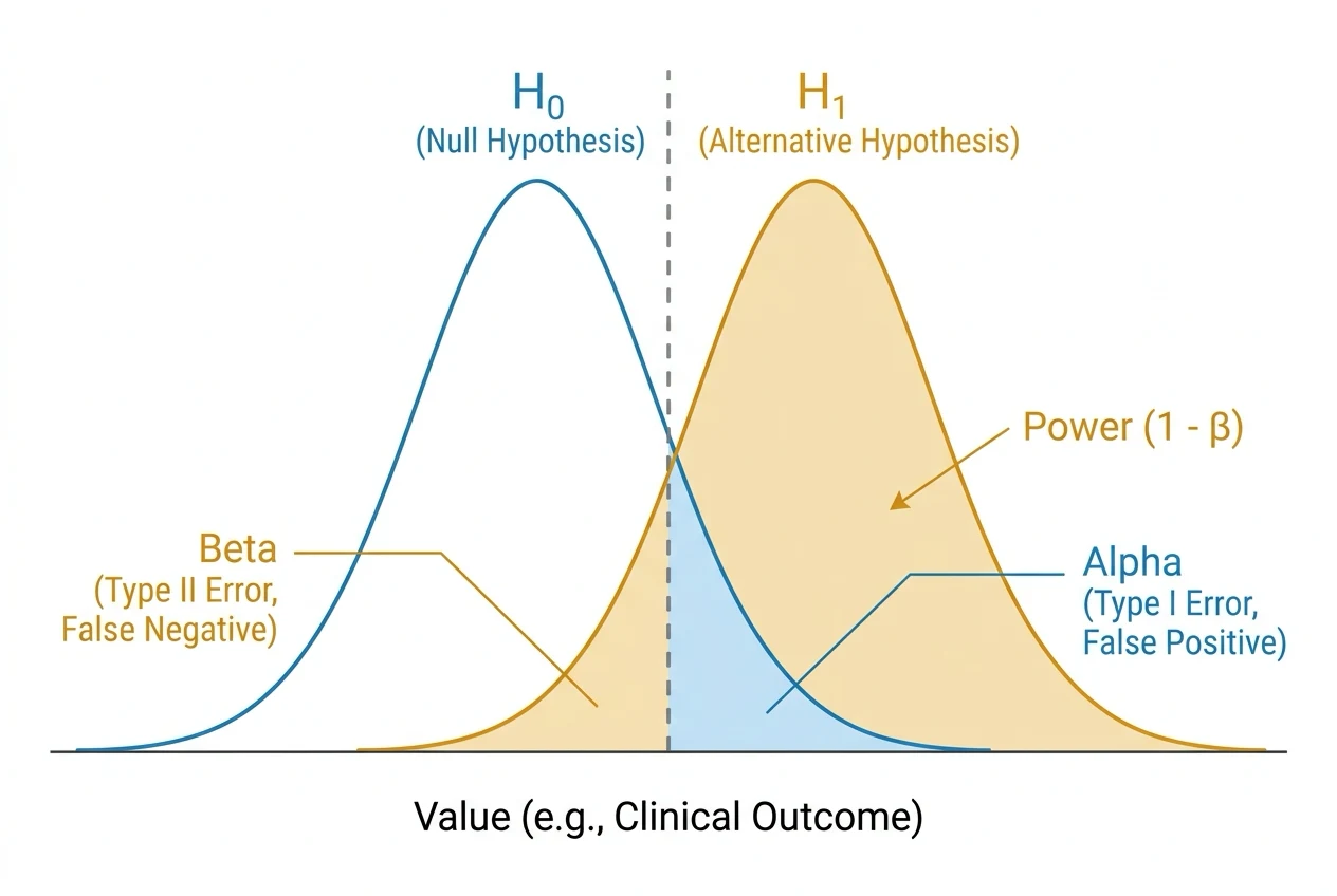 Two overlapping bell curves side by side — the left curve is the null distribution centred on zero difference, the right curve is the alternative distribution centred on a real treatment effect — with the alpha Type I error region shaded in the right tail of the null, the beta Type II error region shaded in the left tail of the alternative, a vertical critical-value line marking the decision threshold, and the unshaded body of the alternative curve labelled as power