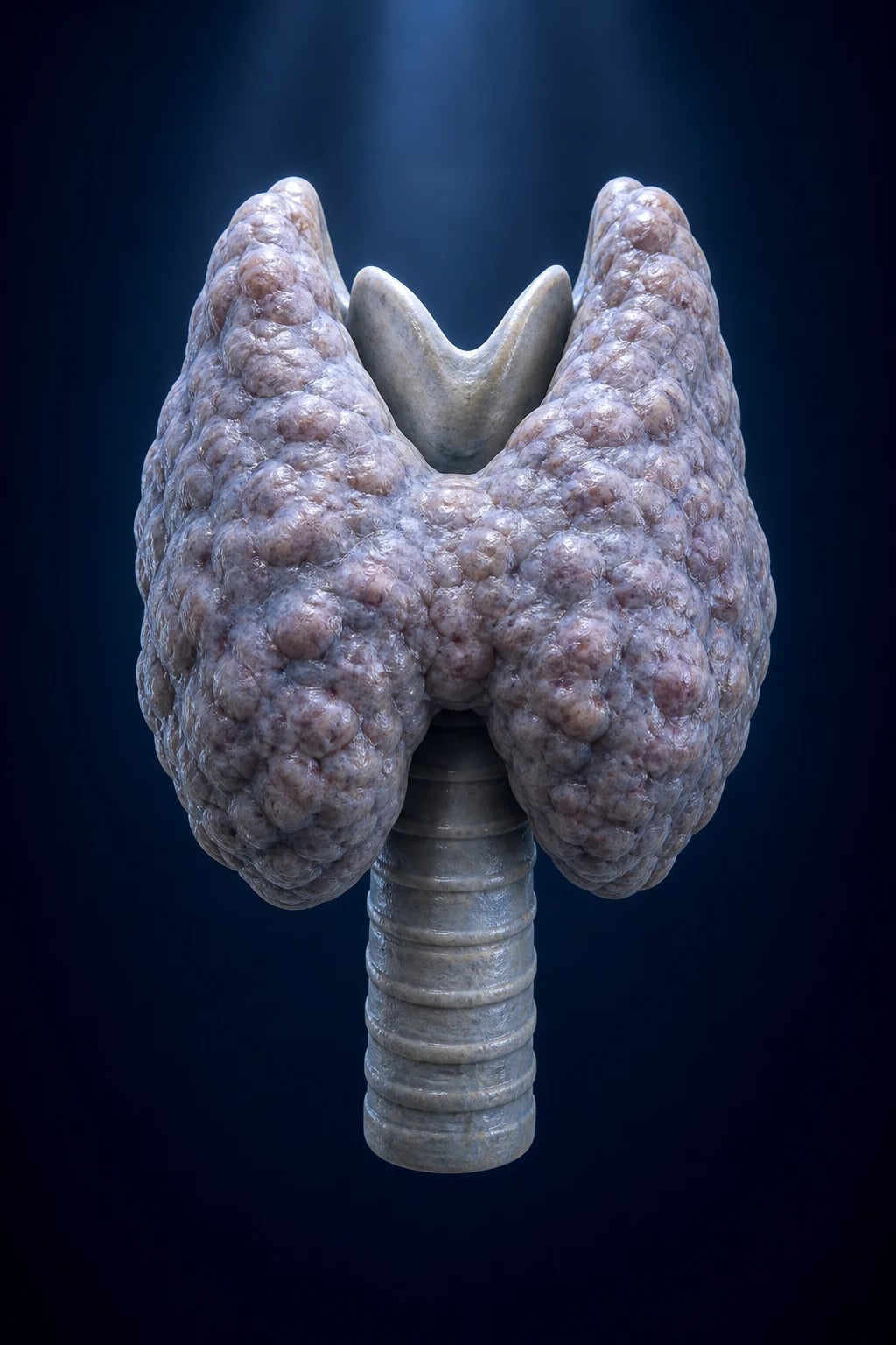 Clinical overview of hypothyroidism: the hypothalamic-pituitary-thyroid axis with a feedback loop, a firm goitrous thyroid, and the systemic features — bradycardia, dry skin, periorbital puffiness, delayed ankle reflex