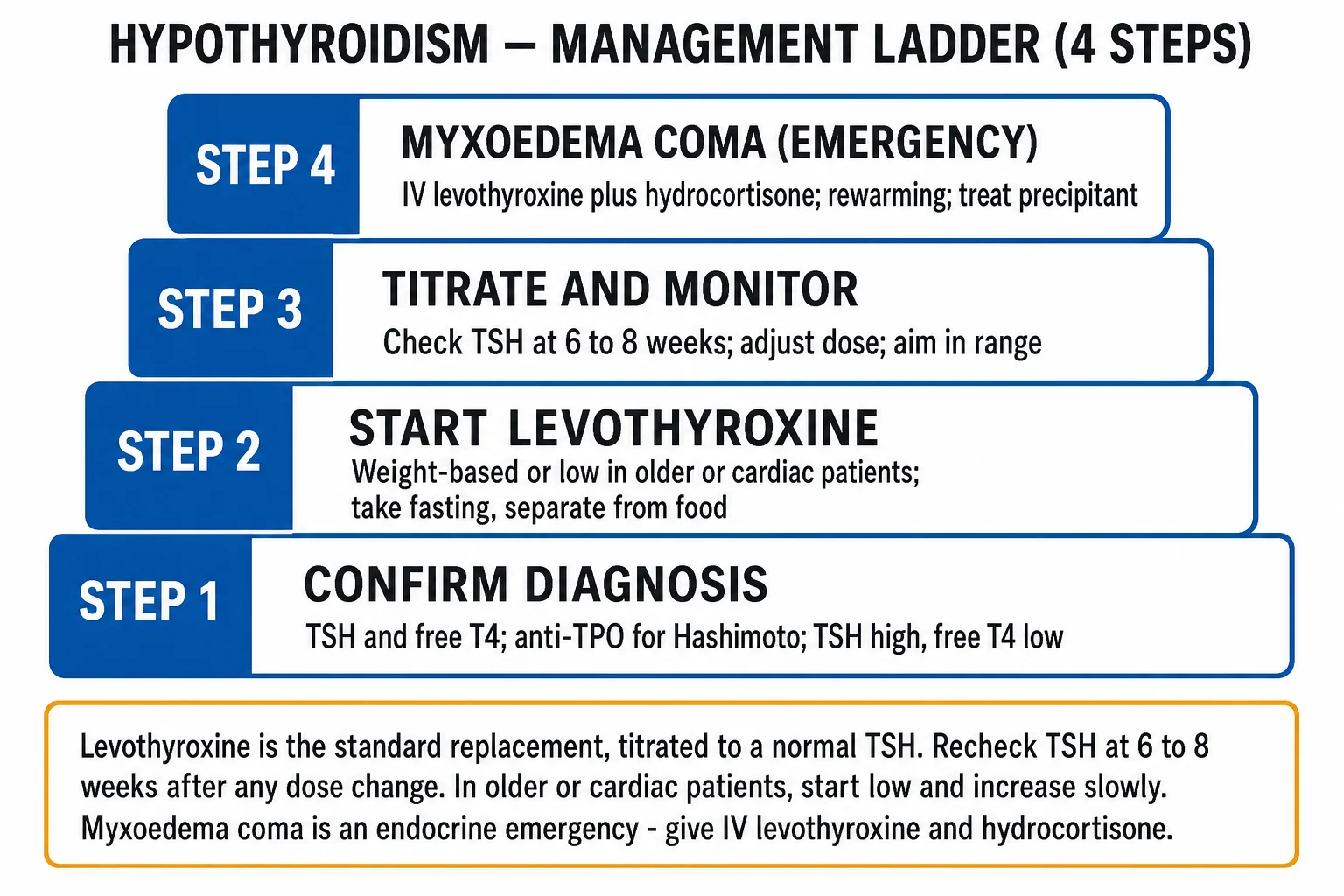 Management ladder: starting dose by patient type (young healthy full replacement, elderly/cardiac low and slow, pregnancy 30 percent more), monitoring TSH at 6 to 8 weeks, central disease to free T4, subclinical thresholds, and the myxoedema-coma emergency bundle