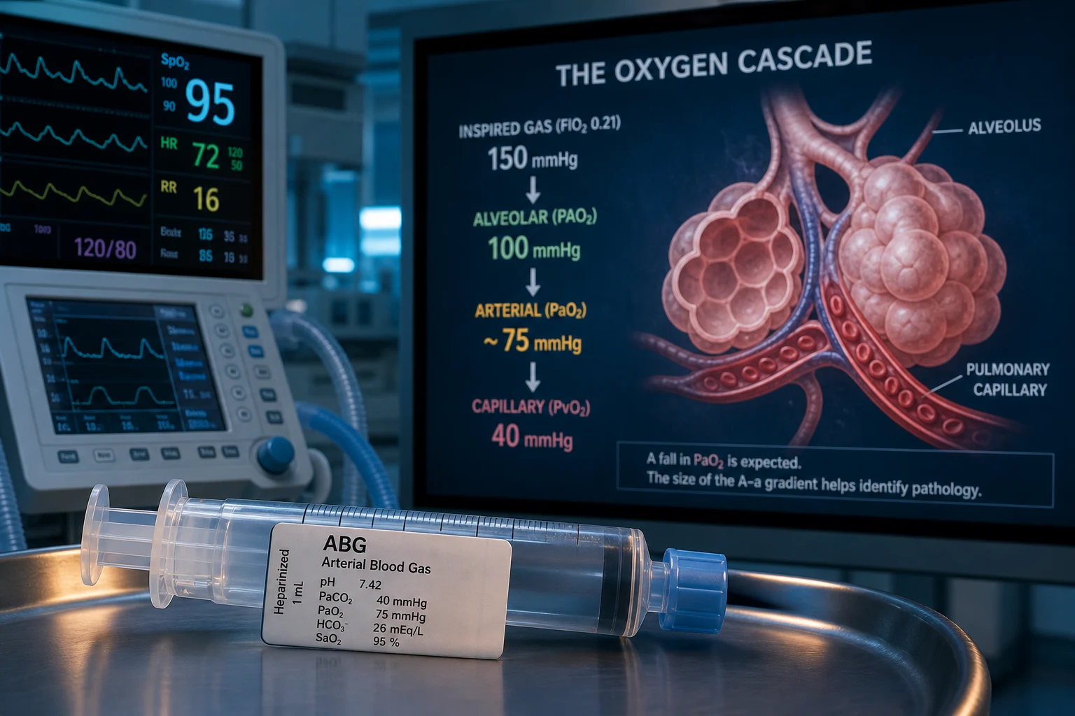 Cinematic clinical scene with an arterial blood gas syringe and a labelled alveolus-and-pulmonary-capillary diagram on a screen, the oxygen cascade falling in steps from inspired to alveolar to arterial to capillary, a ventilator and monitor showing waveforms and an SpO2 reading, clinical-blue lighting