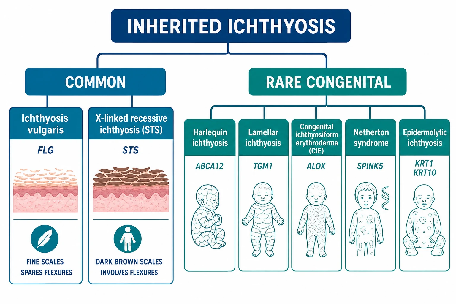 Classification diagram of inherited ichthyoses: common (IV, XLI) vs congenital (harlequin, lamellar, CIE, Netherton, epidermolytic) vs syndromic