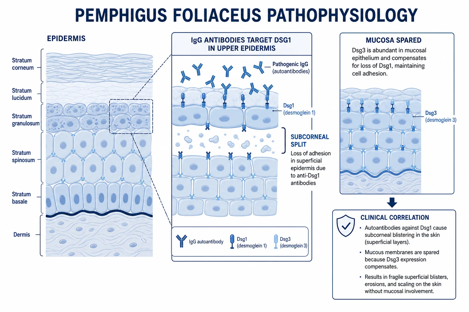 Treatment algorithm for ichthyosis: Step 1 emollients + keratolytics for all; Step 2 oral retinoids for severe congenital forms; Step 3 biologics for Netherton