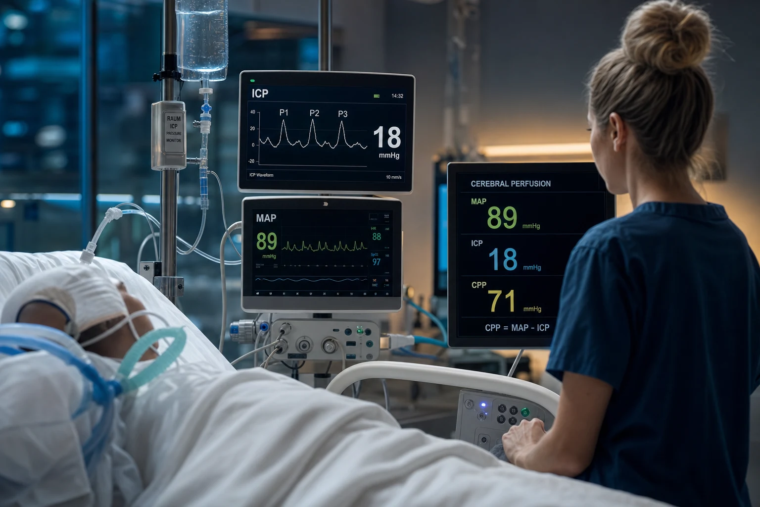 Neurocritical care bedside with EVD transducer levelled to external auditory meatus, ICP waveform on monitor showing P1 P2 P3, arterial line for CPP, clinical-blue educational scene, no faces