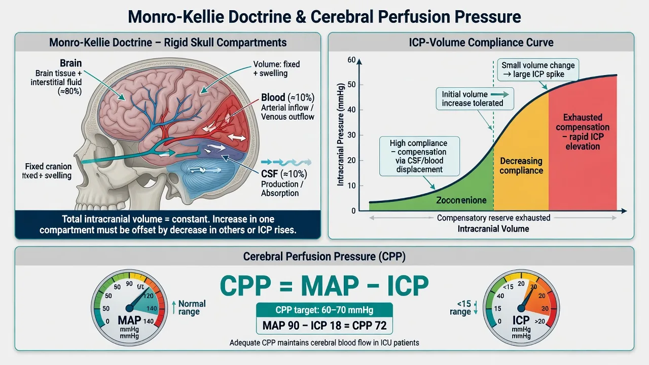 Monro-Kellie doctrine and ICP waveform components P1 P2 P3 with compliance loss