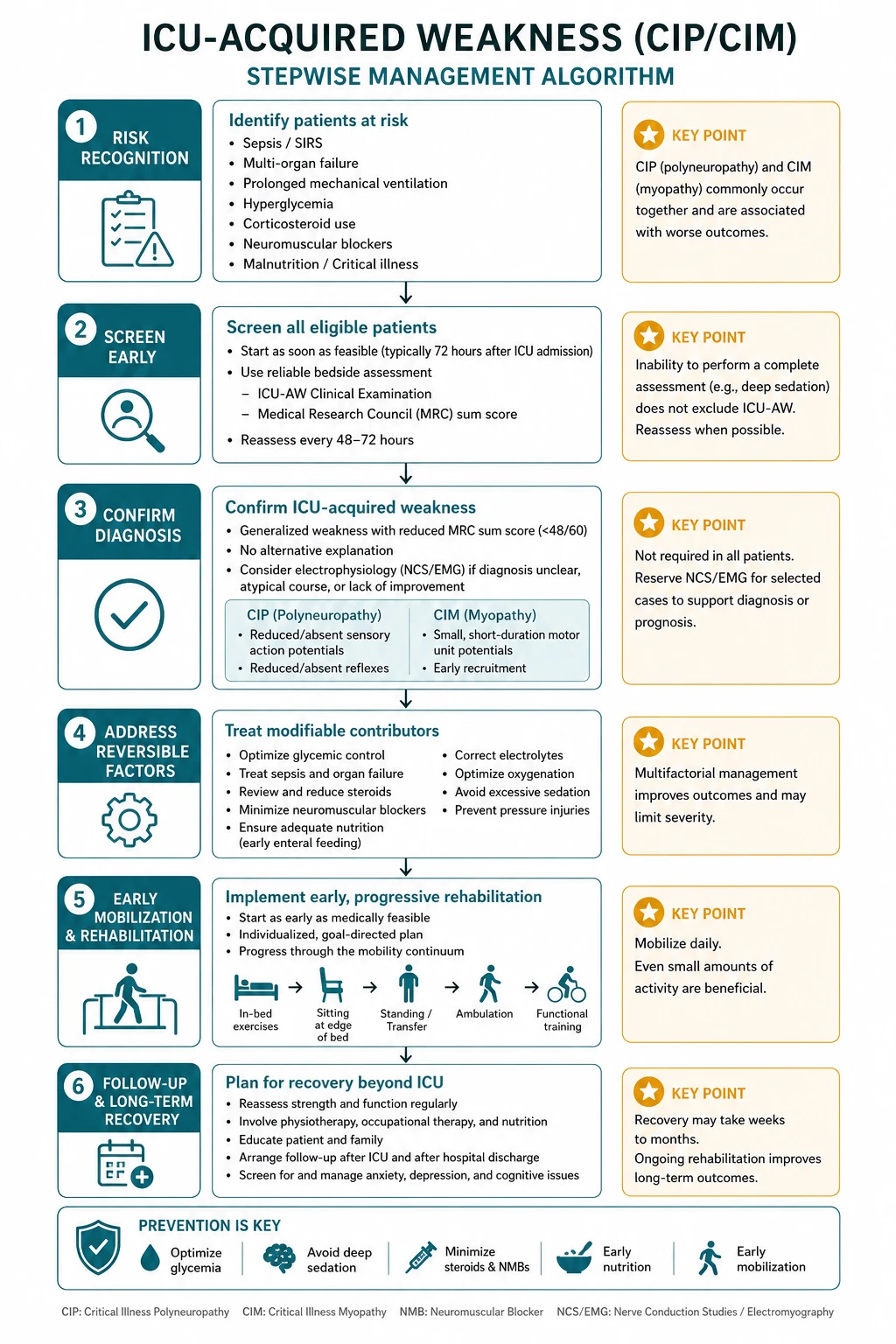 ICUAW prevention and rehab: light sedation, early mobilisation, glycaemic control 6–10 mmol/L, minimise steroids/NMBA, structured physiotherapy