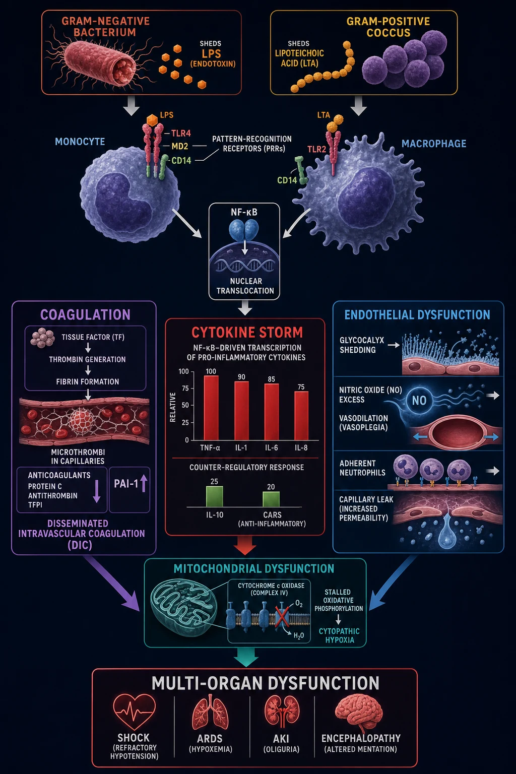 Biomarker release pathways in critical illness: tissue hypoxia and lactate, bacterial cytokines and procalcitonin, cardiomyocyte injury and troponin — educational diagram