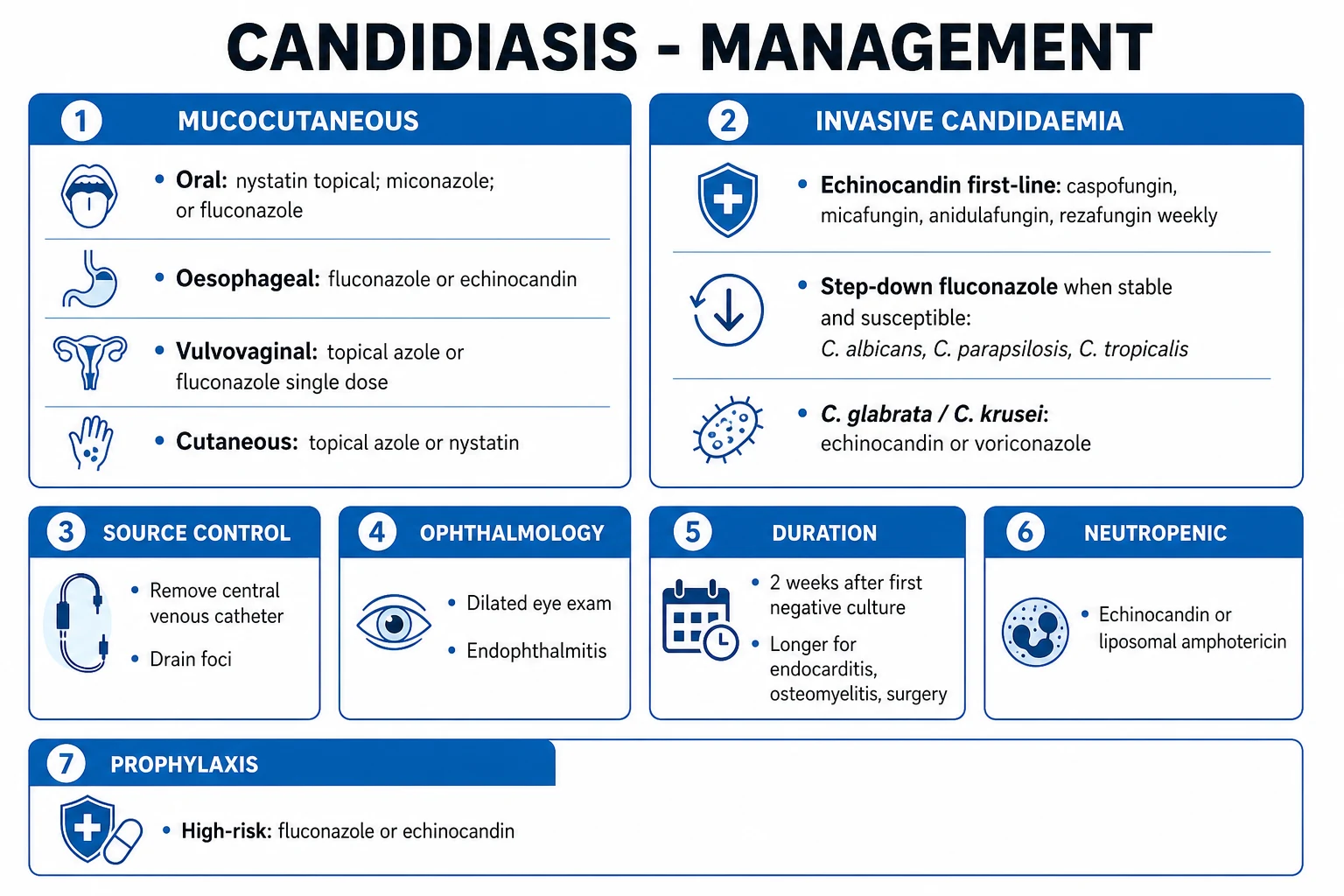 Management pathway for ICU fungal infections: cultures and risk scores, echinocandin first-line candidaemia, source control, azole step-down, voriconazole for aspergillosis
