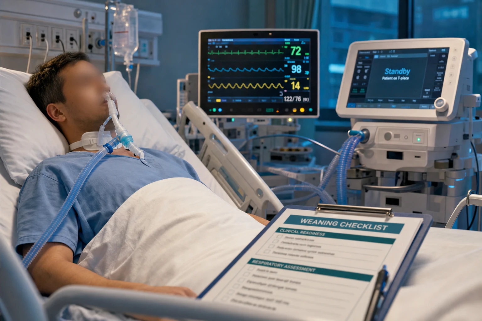 Cinematic ICU scene of an ultrasound-guided internal jugular central-line insertion under sterile drapes with a bronchoscope and a chest-drain tray on the procedure trolley, clinical-blue lighting, medical educational, no faces, no text