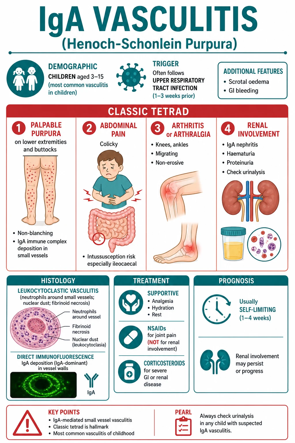 IgA vasculitis classic tetrad showing palpable purpura on legs and buttocks, abdominal pain and GI bleeding risk, arthritis or arthralgia of knees and ankles, and renal involvement with haematuria and proteinuria.