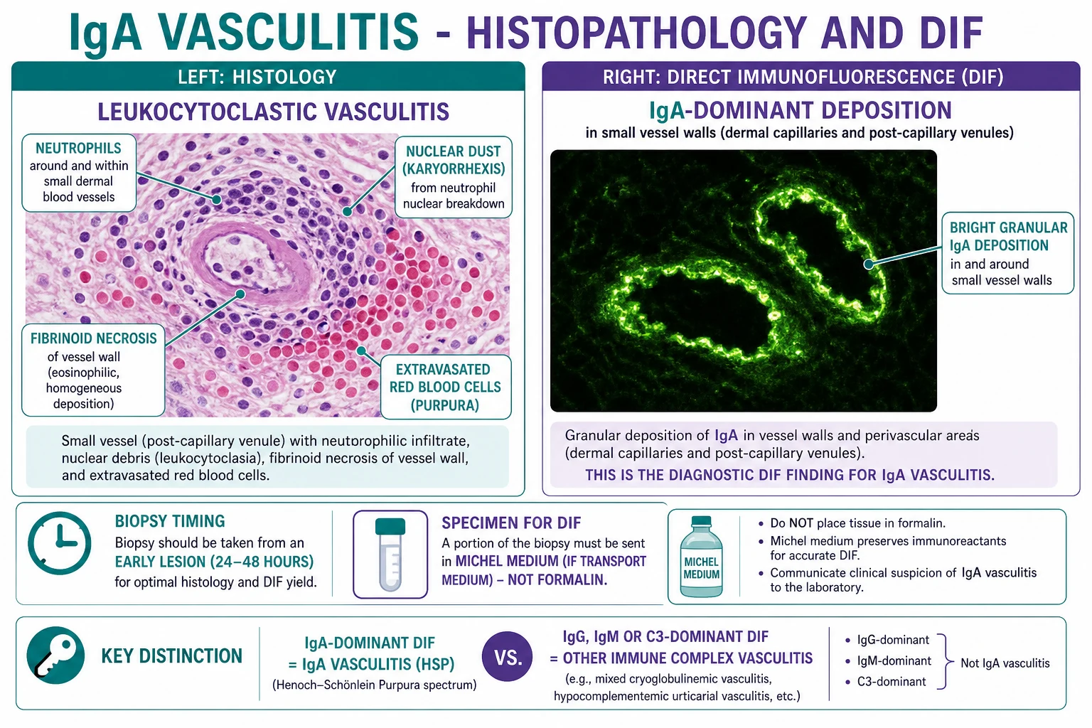 Histopathology of IgA vasculitis showing leukocytoclastic vasculitis with neutrophils, nuclear dust, fibrinoid necrosis, red-cell extravasation, and IgA-dominant direct immunofluorescence in vessel walls.