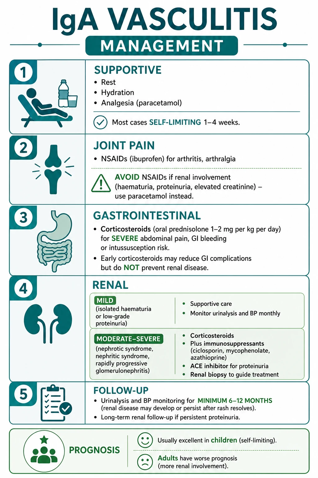 IgA vasculitis management figure showing supportive care, joint pain treatment with NSAID caution, corticosteroids for severe gastrointestinal or renal disease, renal referral, ACE inhibitor or ARB for proteinuria, and follow-up urinalysis and blood pressure.