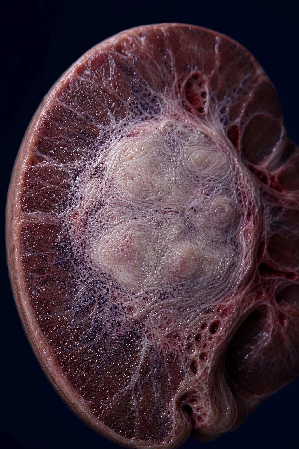 Cinematic 3D close-up of a pancreas with a firm pale fibrotic mass-like swelling, dense inflammatory cell infiltration and swirling storiform fibrous bands, against a deep navy background