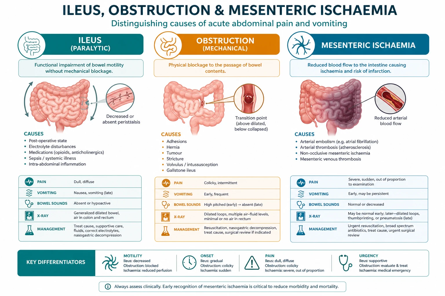 Three-panel infographic on a white clinical-blue background: LEFT ileus paralytic (no peristalsis; post-op/opioid/electrolyte hypoK/sepsis; distension, no bowel sounds, no flatus; supportive NGT/fluids/correct electrolytes/reduce opioids); CENTRE bowel obstruction mechanical (SBO adhesions commonest, LBO malignancy/volvulus; colicky pain, distension, vomiting, obstipation; drip and suck; STRANGULATION continuous pain/fever/peritonitis/raised lactate to emergency surgery); RIGHT mesenteric ischaemia (pain OUT OF PROPORTION to exam; SMA embolism AF, thrombosis, venous, NOMI low-flow; lactate rises late; CT angiography; early surgery high mortality from delay). Banner 'Pain out of proportion plus rising lactate think mesenteric ischaemia; strangulation emergency surgery'. Flat vector illustration, crisp typography.
