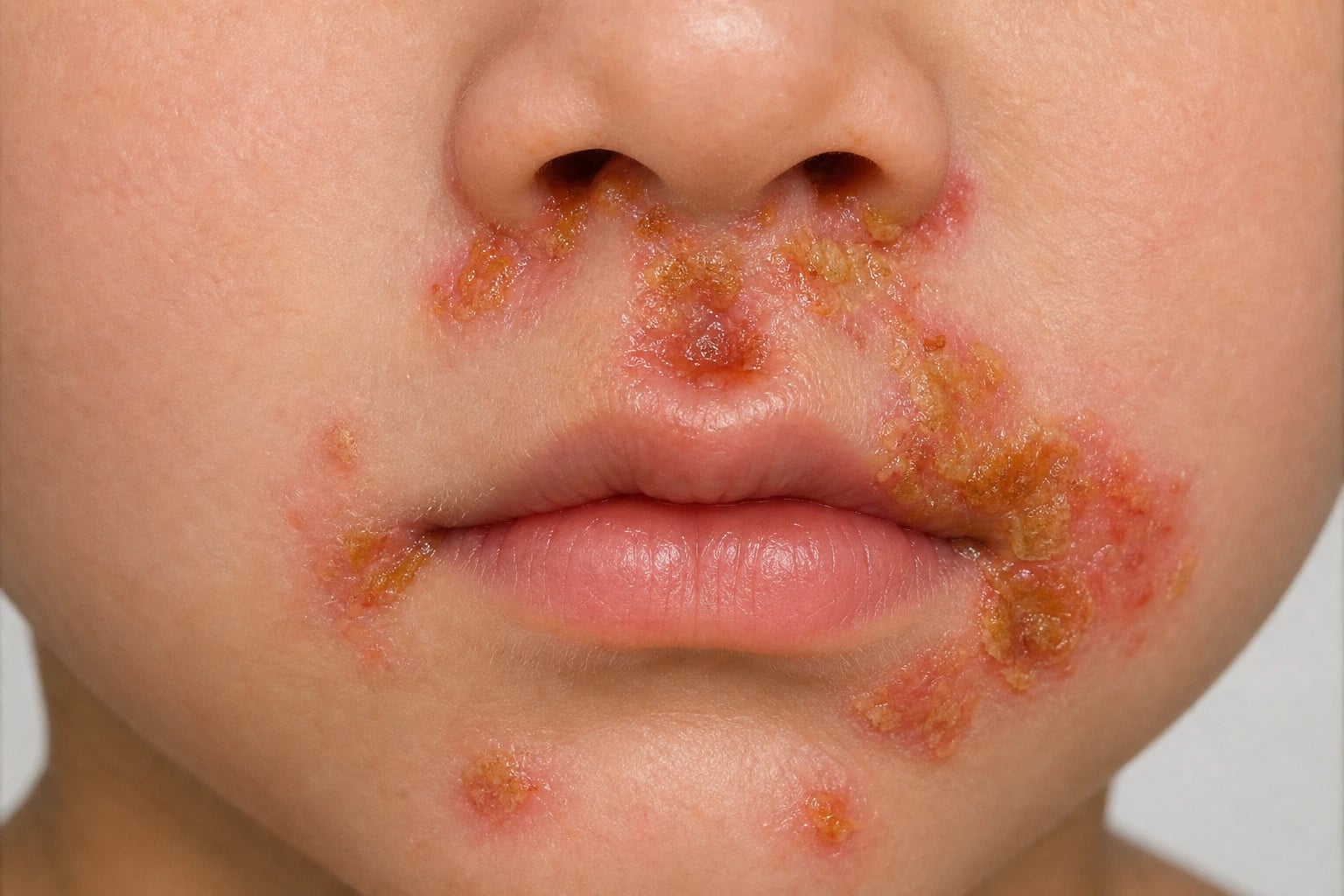 Honey-crusted erythematous erosions on the face of a child with non-bullous impetigo