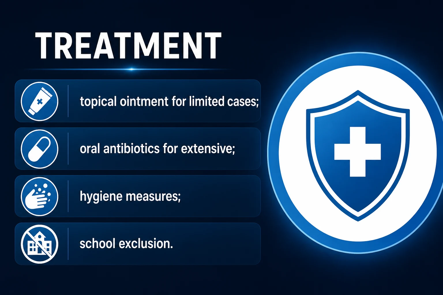 Diagram summarising impetigo management decision tree: localised vs extensive vs SSSS, with topical antibiotics, oral antibiotics, decolonisation, and supportive care branches