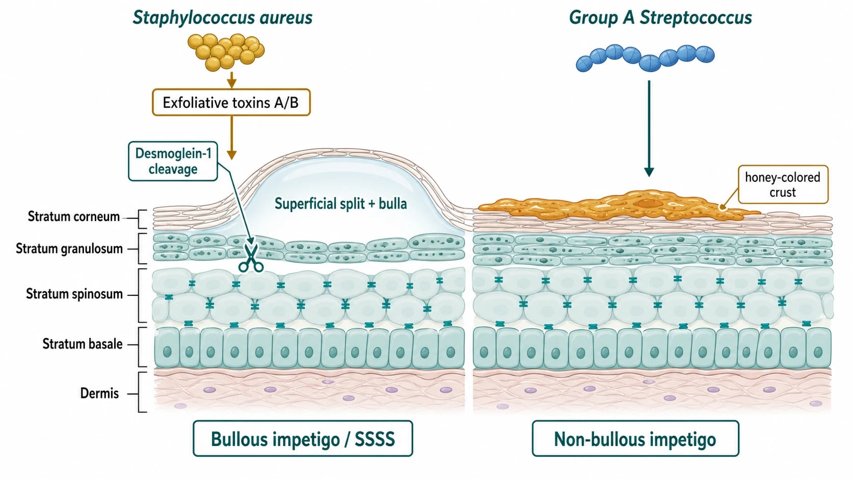 Diagram of impetigo pathophysiology showing Staphylococcus aureus exfoliative toxin cleaving desmoglein-1 in the superficial epidermis producing bullae, and group A streptococcus causing non-bullous crusted lesions