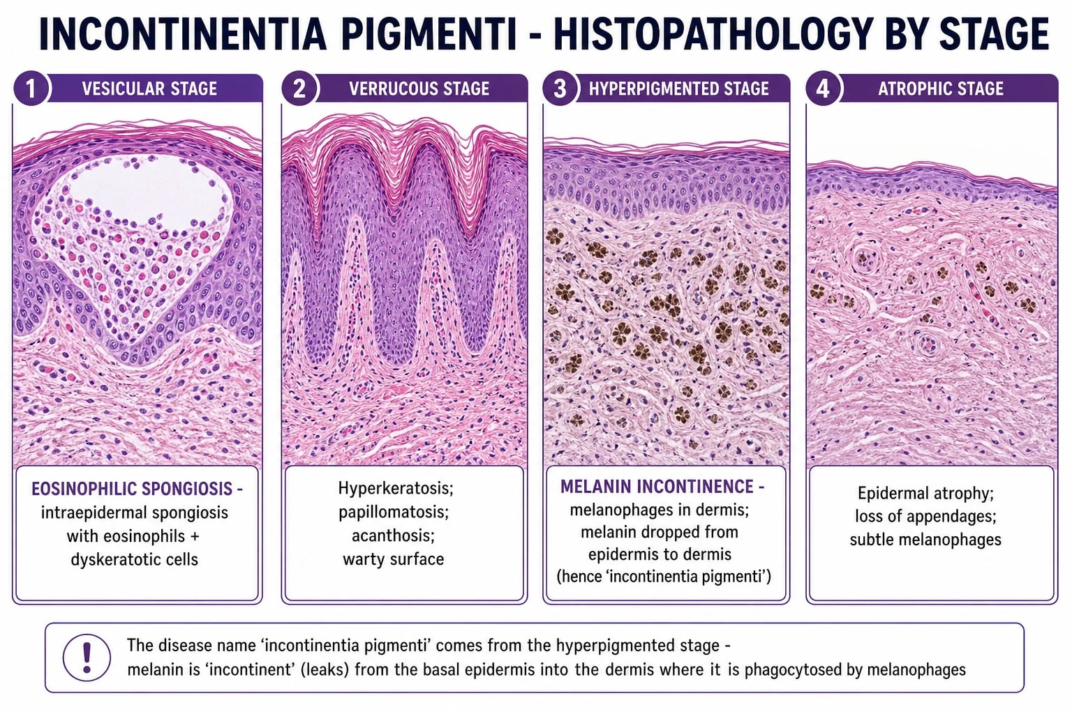 Differential diagnosis of the four stages of incontinentia pigmenti: HSV, epidermolysis bullosa, epidermal naevus, linear and whorled nevoid hypermelanosis, hypomelanosis of Ito and Goltz syndrome