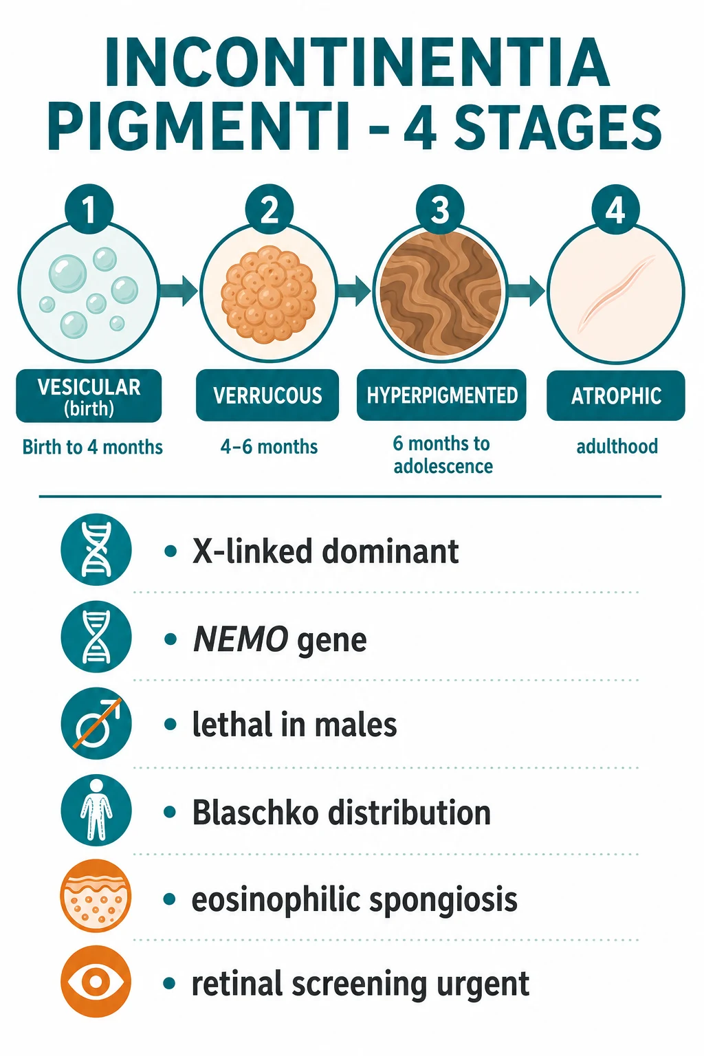 Four-stage Blaschkoid cutaneous eruption of incontinentia pigmenti: vesicular, verrucous, hyperpigmented and atrophic/hypopigmented stages