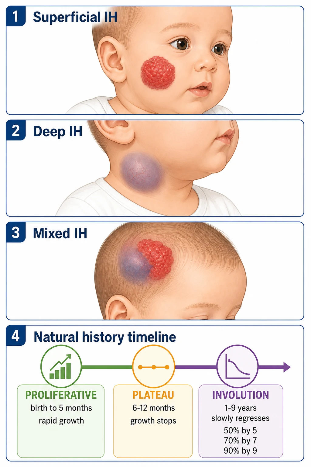 Three IH types (superficial red strawberry plaque, deep blue subcutaneous mass, mixed) and a natural history timeline showing proliferative → plateau → involution phases