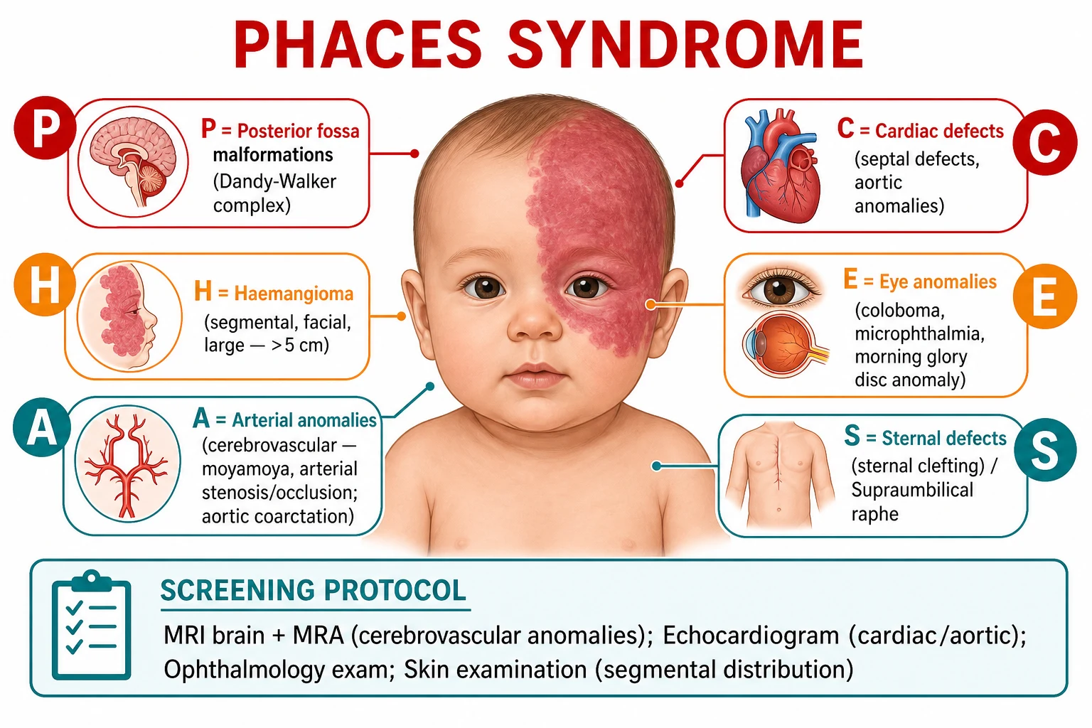 PHACES acronym infographic: Posterior fossa malformations, segmental facial Haemangioma, Arterial anomalies, Cardiac defects, Eye anomalies, Sternal defects; screening protocol MRI brain/MRA/echo/ophthalmology