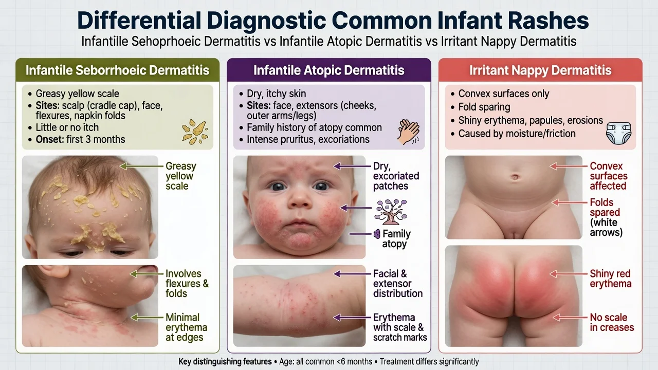 Educational three-panel differential of infantile seborrhoeic dermatitis, infantile atopic dermatitis and irritant nappy dermatitis