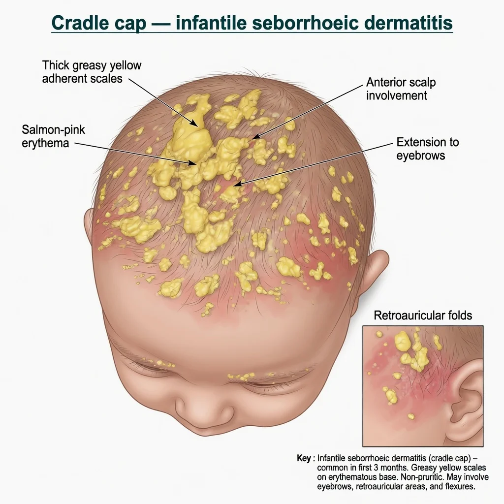 Educational illustration of cradle cap with thick greasy yellow scalp scale on salmon-pink erythema and retroauricular inset