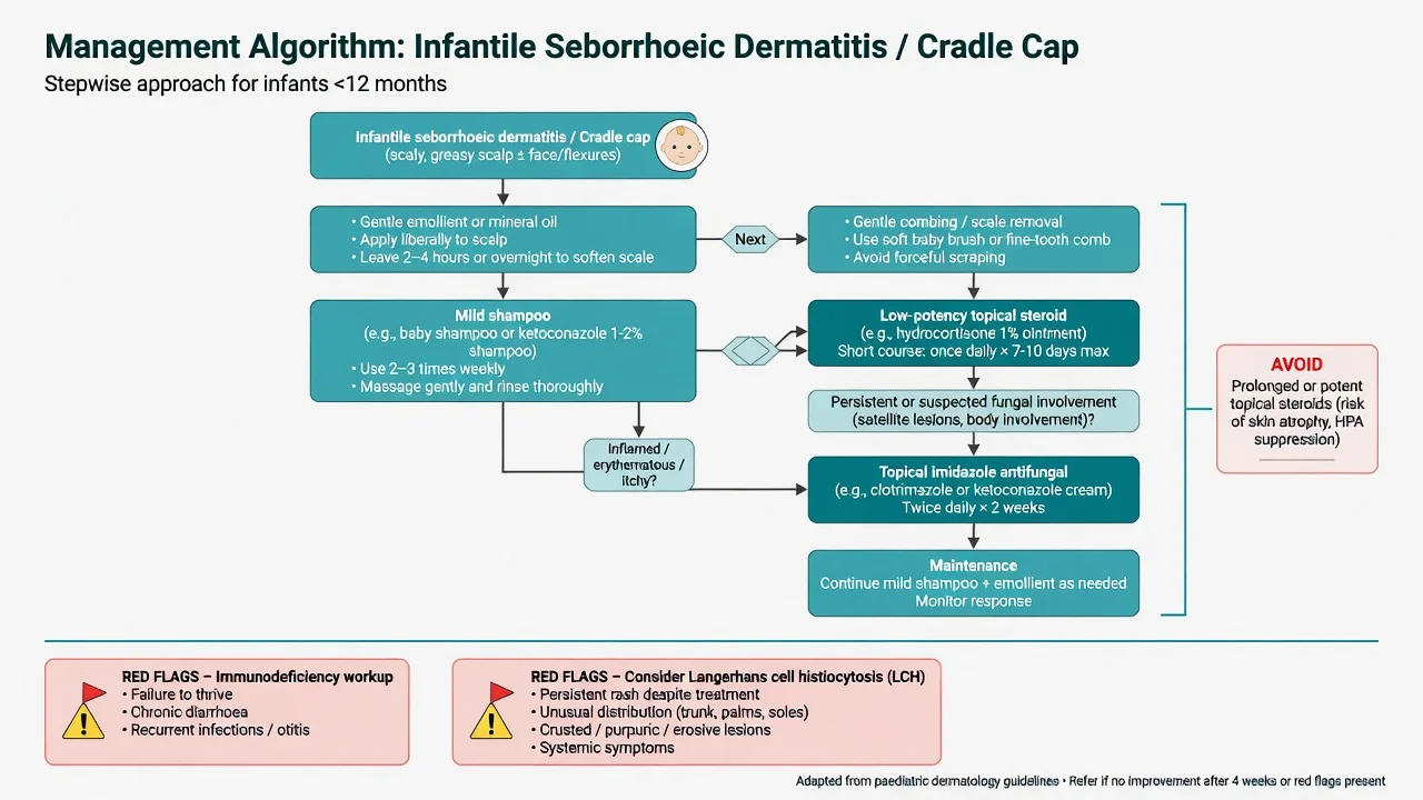 Educational management algorithm for cradle cap from emollient scale softening through low-potency steroid or antifungal with red-flag boxes