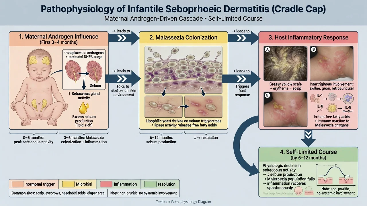 Educational cascade of maternal androgen-driven sebum, Malassezia colonisation, host inflammation and self-limited resolution in infantile seborrhoeic dermatitis
