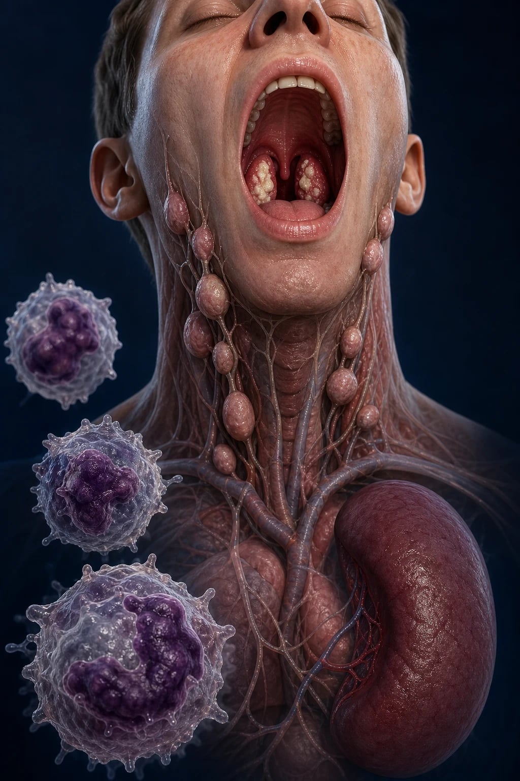 Cinematic 3D close-up of enlarged tonsils with white exudate, swollen cervical lymph nodes, an enlarged spleen, and large atypical lymphocytes, against a deep navy background