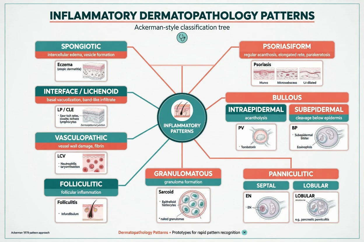 Classification tree of inflammatory dermatopathology patterns with prototype diseases under each branch