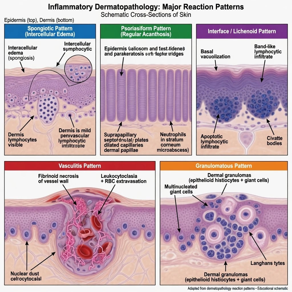 Educational multi-panel schematic of major inflammatory skin reaction patterns including spongiotic psoriasiform interface vasculitis and granulomatous