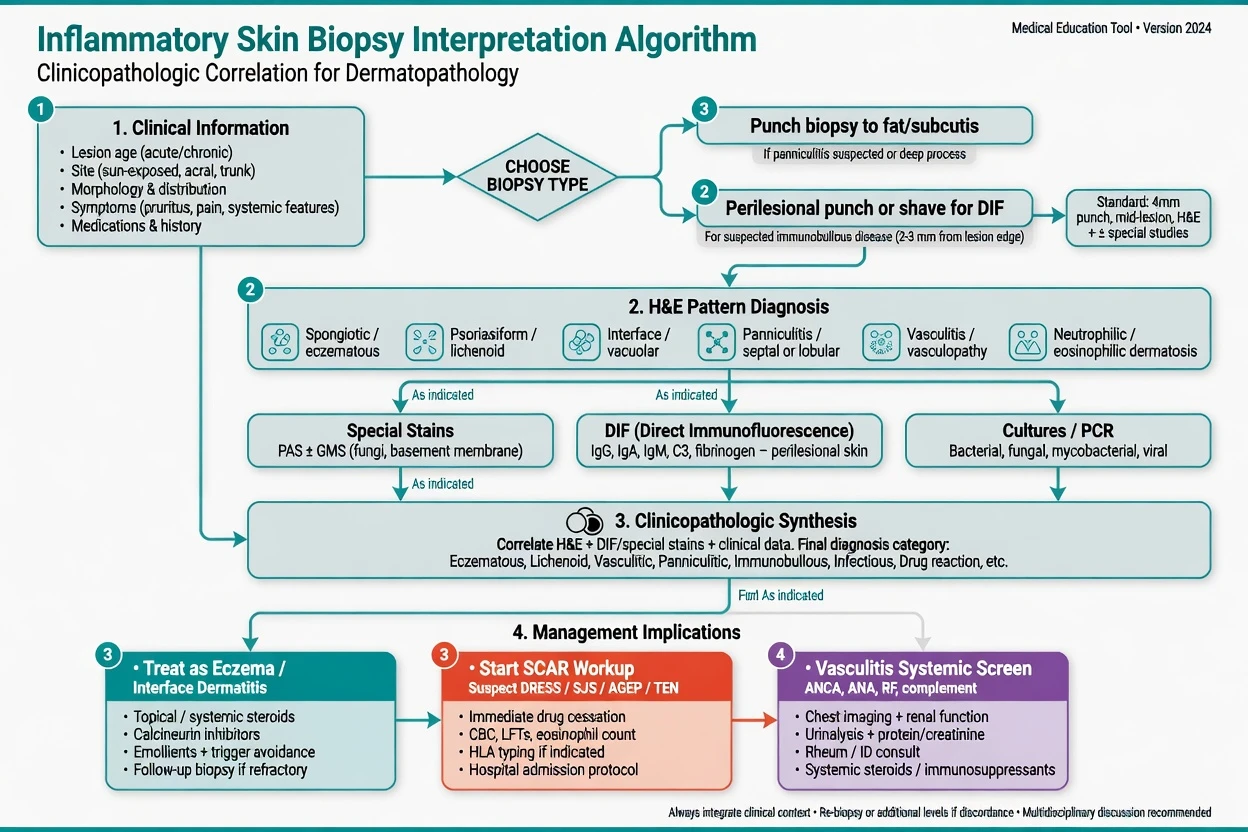 Flowchart from clinical data through biopsy choice H and E pattern special stains and DIF to clinicopathologic synthesis and management