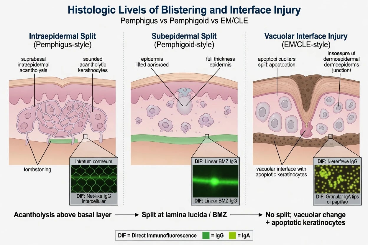 Schematic comparing intraepidermal acantholytic blister subepidermal blister and vacuolar interface injury with simplified DIF pattern icons