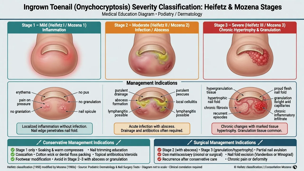 Three-stage classification of ingrown toenail with conservative versus surgical indications